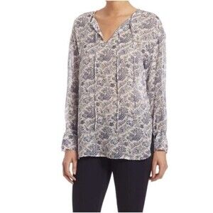 Women’s Theory Blouse Sz Medium Silk Peasant  Long Sleeve White Blue